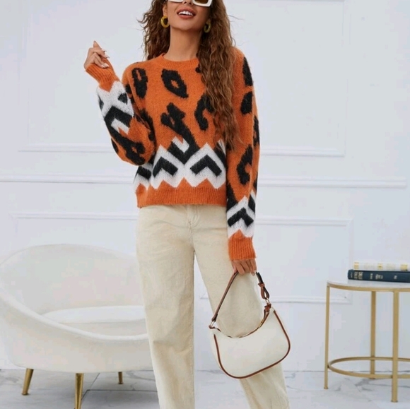 Leopard & Geo Pattern Drop Shoulder Fuzzy Sweater - Picture 3 of 7